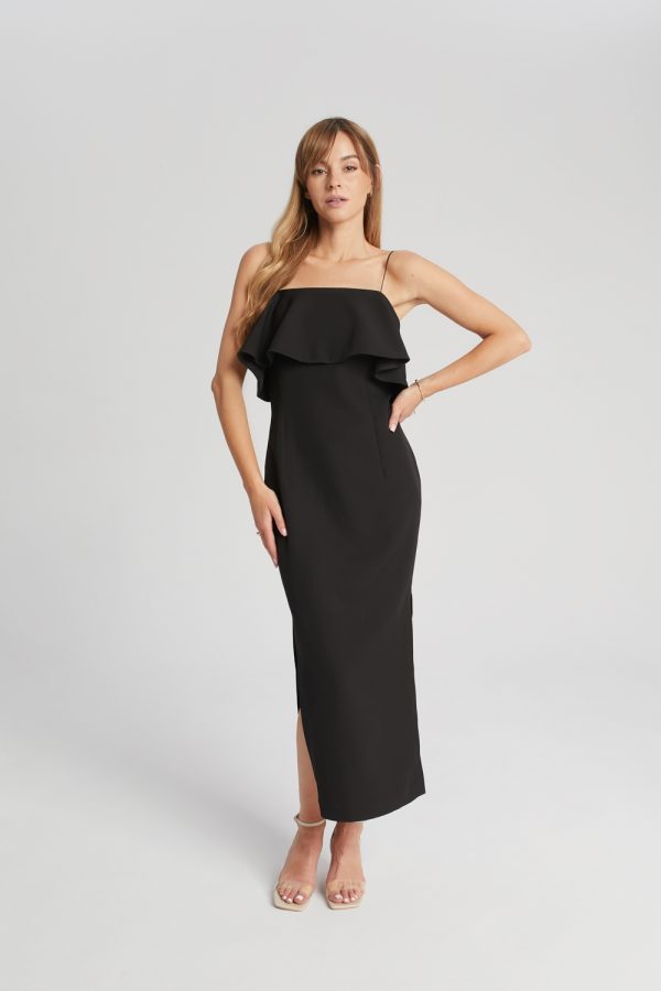 czarna sukienka midi z falbana