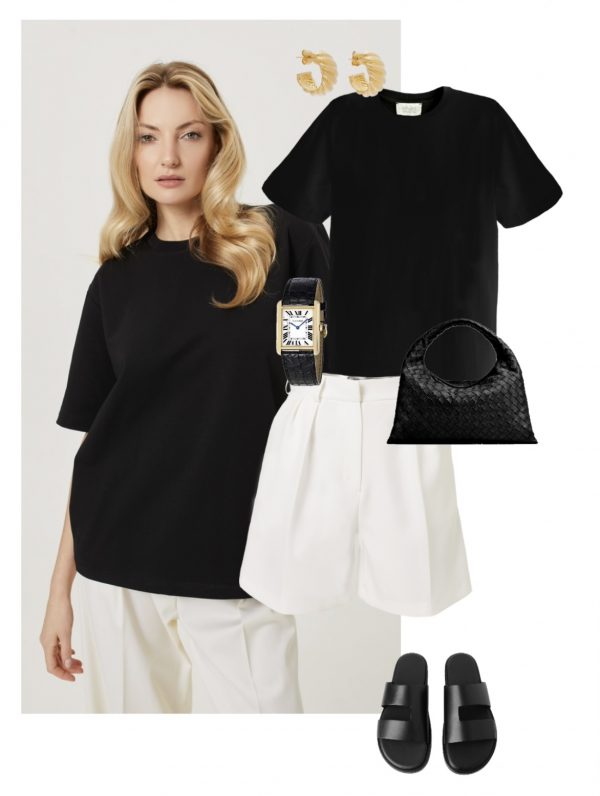 letnia stylizacja biale szorty w kant czarny tshirt