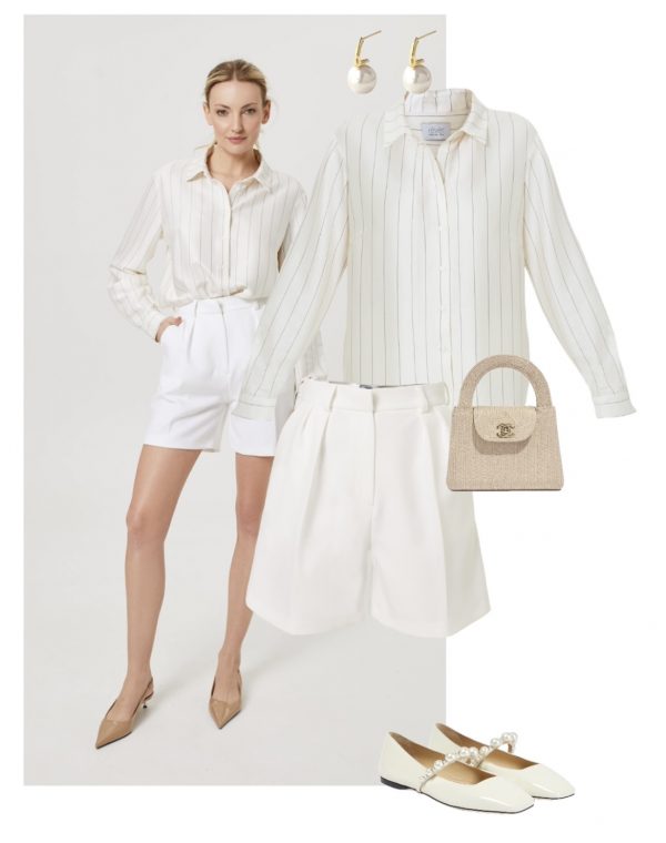 stylizacja na lato biale szorty garniturowe koszula