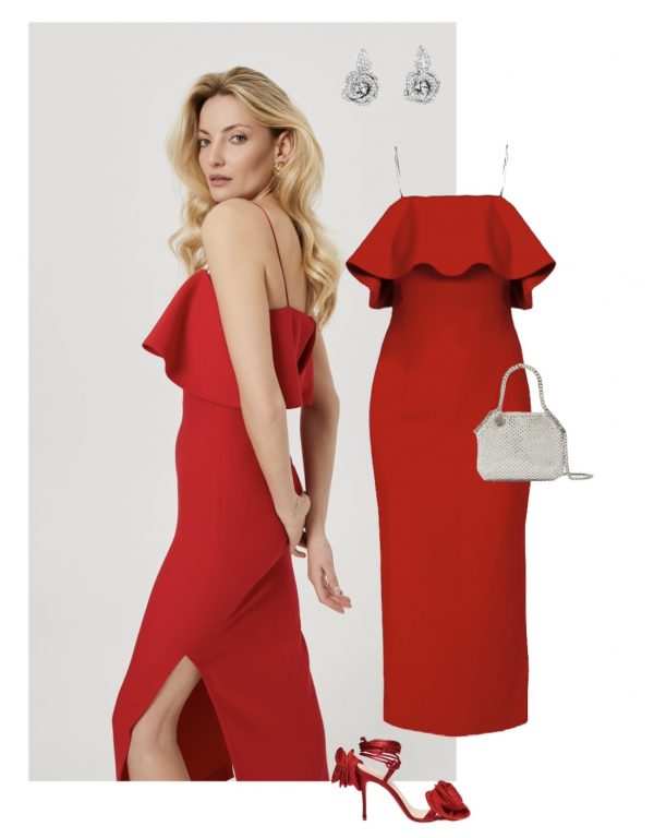 elegancka stylizacja na wesele czerwona sukienka