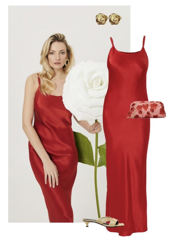 letnia stylizacja z czerwona sukienka maxi