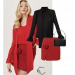 stylizacja czerwona mini spodniczka czarna bluzka