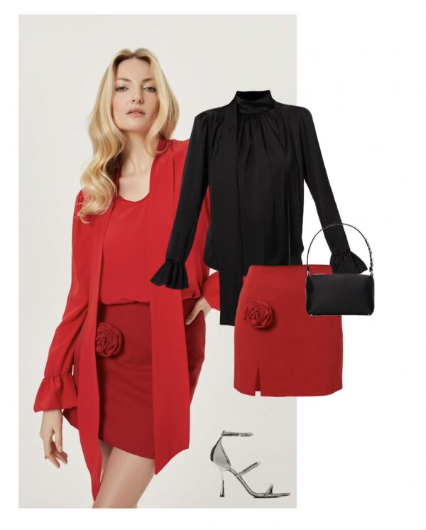 stylizacja czerwona mini spodniczka czarna bluzka