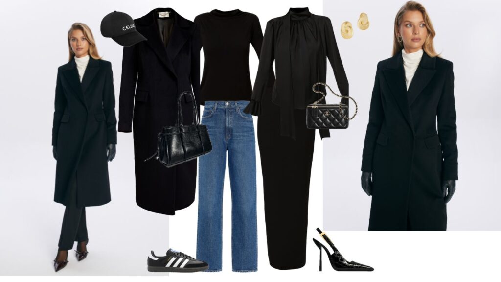 stylizacje z czrnym klasycznym plaszczem ponadczasowy styl