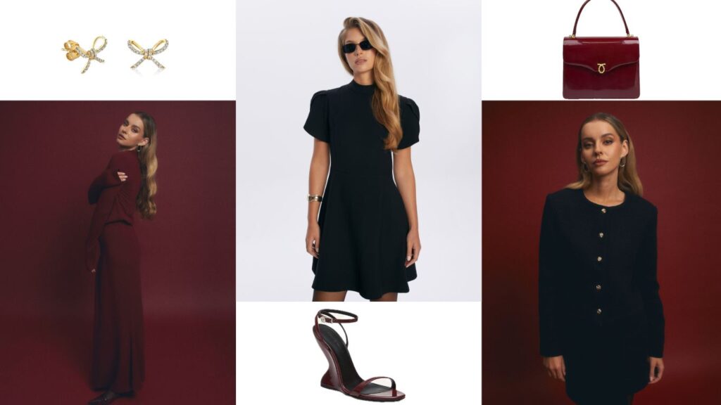 stylizacje na swieta bordowy komplet mala czarna czerwone spodnie