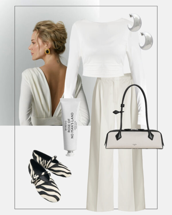 stylizacja na wiosne waniliowe spodnie garniturowe bluzka z odkrytymi plecami