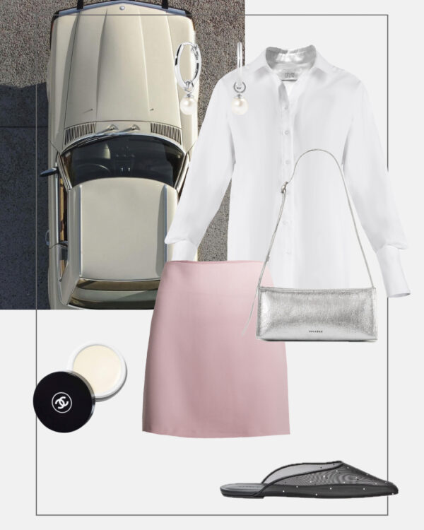 trendy wiosna lato pastele pastelowy roz mini spodniczka biala koszula