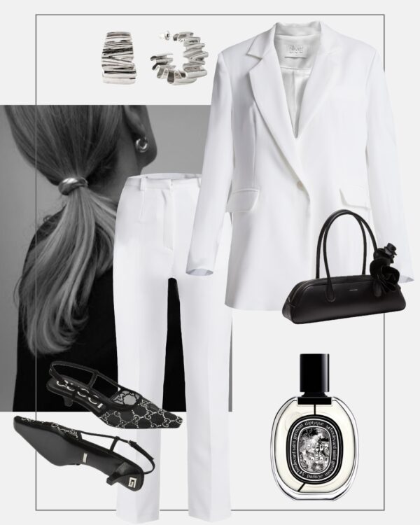 elegancka stylizacja okazjonalna bialy garnitur cygaretki marynarka