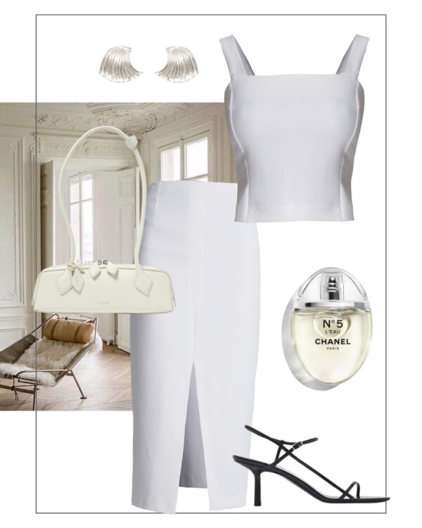 elegancka stylizacja total white look spodnica olowkowa bialy top