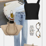 modowa stylizacja na co dzien dzinsy czarny top duza torba baleriny