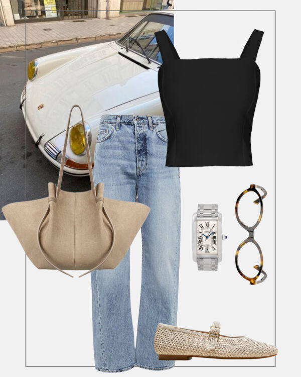 modowa stylizacja na co dzien dzinsy czarny top duza torba baleriny