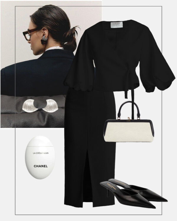 nowoczesna elegancja stylizacja do biura czarna spodnica olowkowa elegancka bluzka