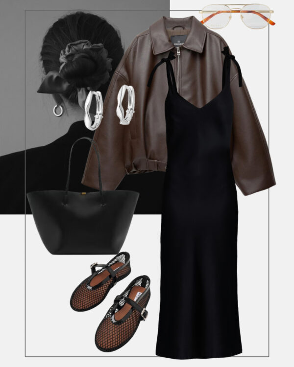 stylizacja na co dzien mala czarna skorzana brazowa kurtka siateczkowe baleriny