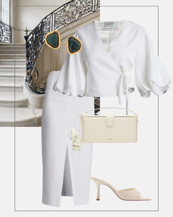 stylizacja na komunie chrzciny uroczystosc spodnica olowkowa elegancka bluzka