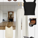 stylizacja na lato do pracy czarny top szerokie spodnie minimalizm modowy