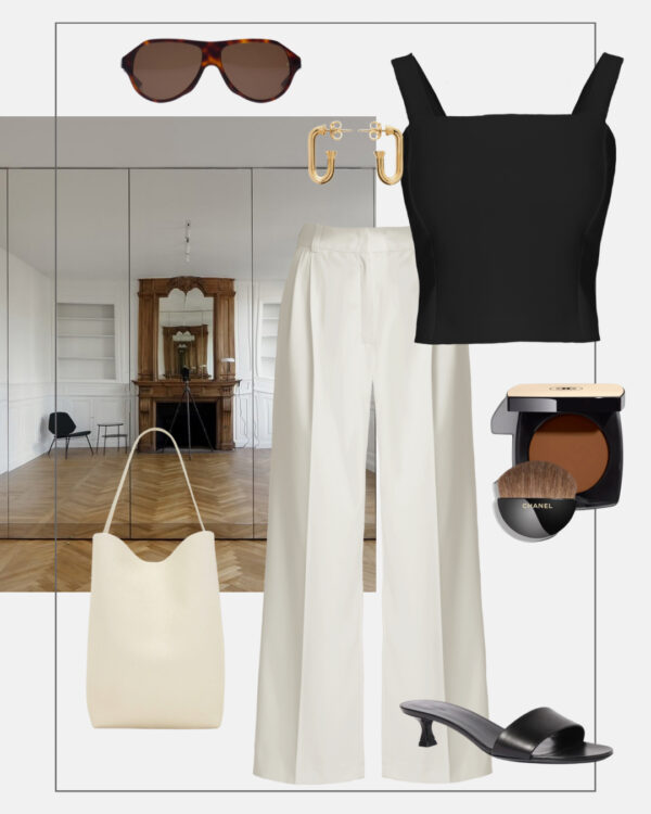 stylizacja na lato do pracy czarny top szerokie spodnie minimalizm modowy