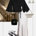 stylizacja na wieczor dluga spodnica czarna elegancka bluzka