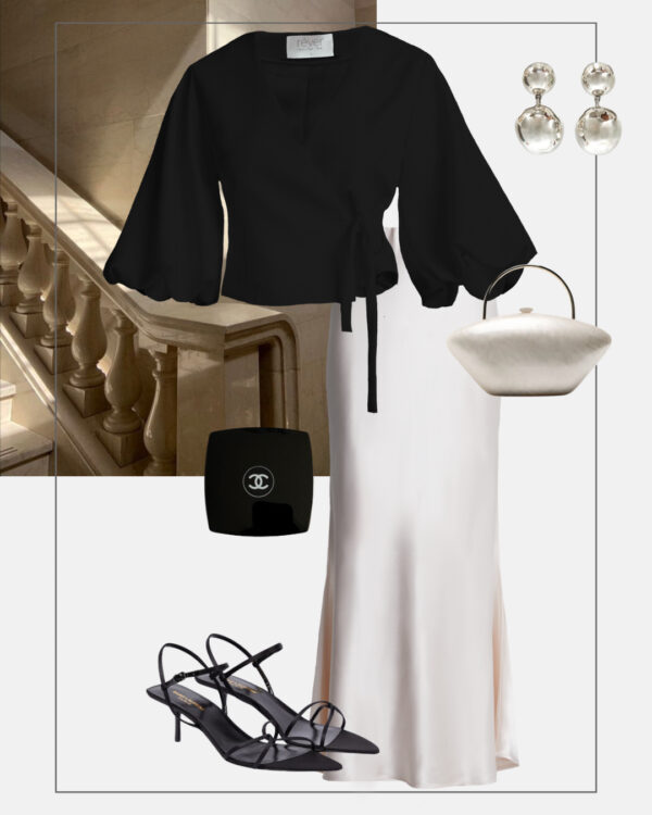 stylizacja na wieczor dluga spodnica czarna elegancka bluzka