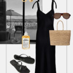 stylizacja z mala czarna wakacyjny look koszyk klapki