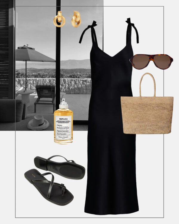 stylizacja z mala czarna wakacyjny look koszyk klapki