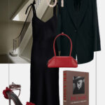 wieczorowa stylizacja mala czarna czarna marynarka czerwona torebka sandalki z roza