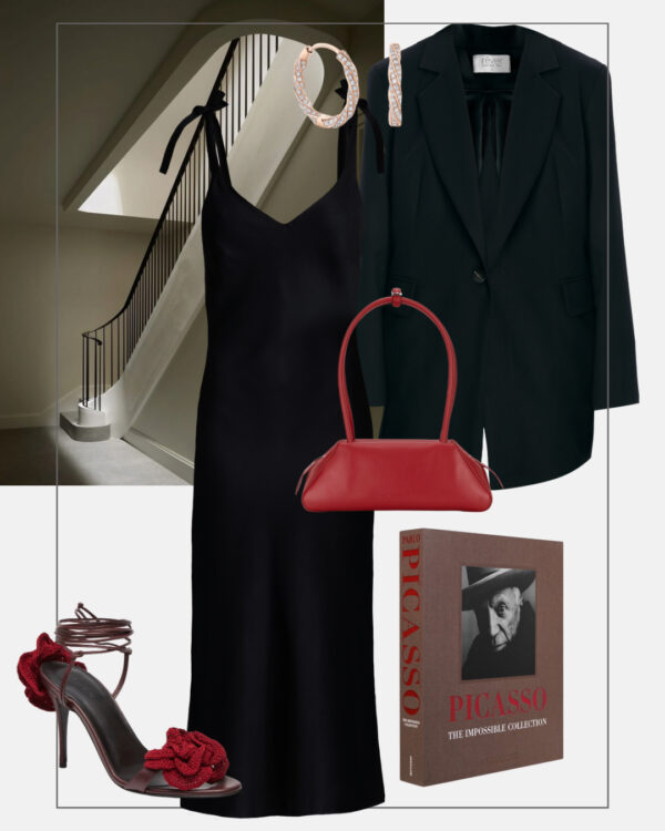wieczorowa stylizacja mala czarna czarna marynarka czerwona torebka sandalki z roza