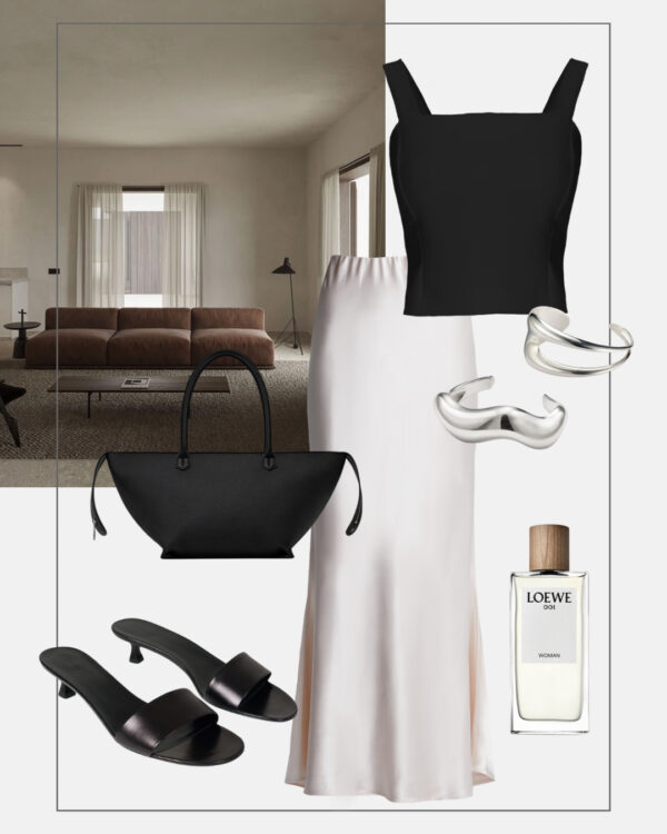 letnia stylizacja minimalizm satynowa spodnica czarny top