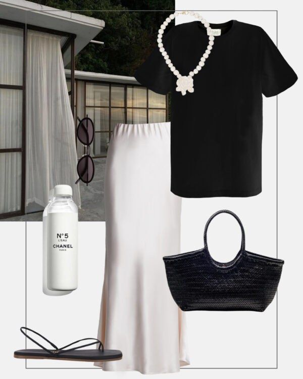 letnia stylizacja na co dzien satynowa spodnica czarny tshirt