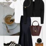 modowe inspiracje czarna satynowa spodnica bialy tshirt czarna marynarka adidasy samba