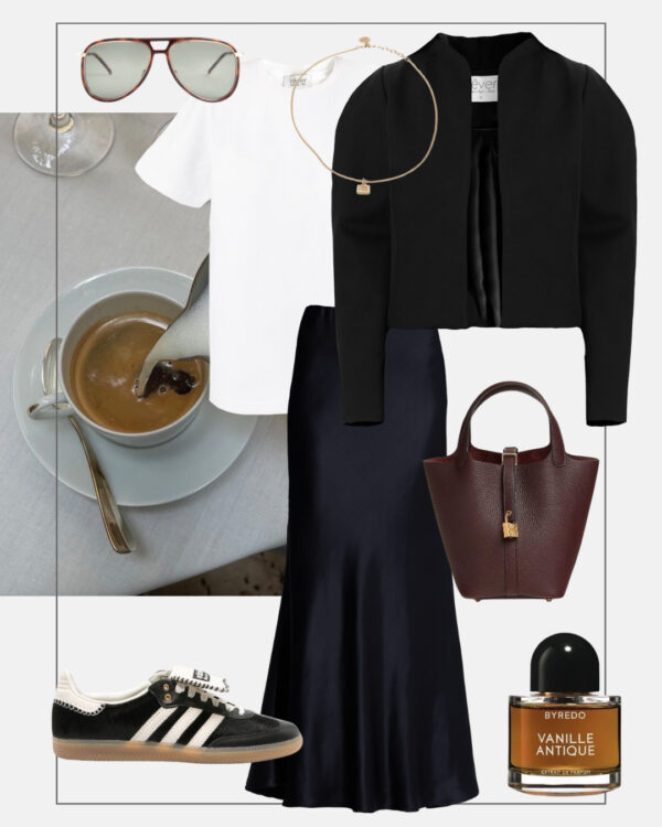 modowe inspiracje czarna satynowa spodnica bialy tshirt czarna marynarka adidasy samba