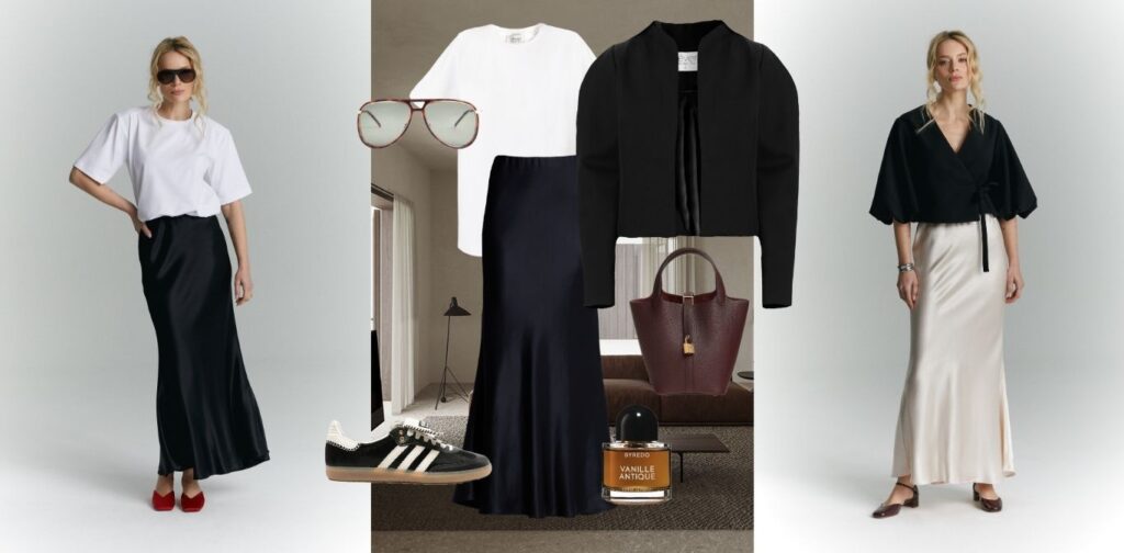 modowe inspiracje stylizacje z satynowa spodnica