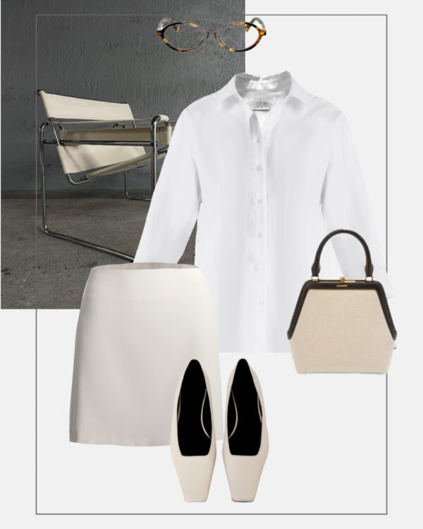 stylizacja do pracy mini spodniczka biala koszula office look