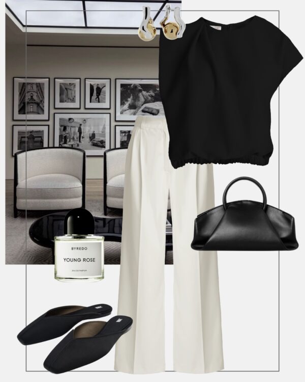 stylizacja do pracy szerokie spodnie garniturowe czarna bluzka