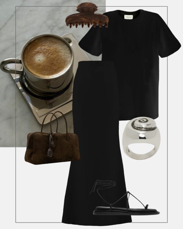 stylizacja na co dzien dluga czarna spodnica czarny tshirt plaskie sandaly