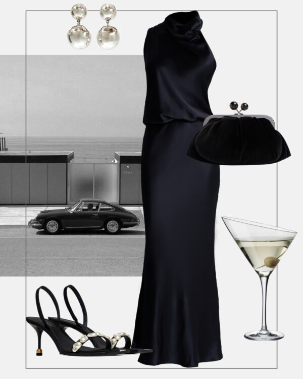 stylizacja wieczorowa czarna sukienka dluga elegancki look