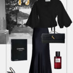 stylizacja wieczorowa satynowa dluga spodnica czarna bluzka