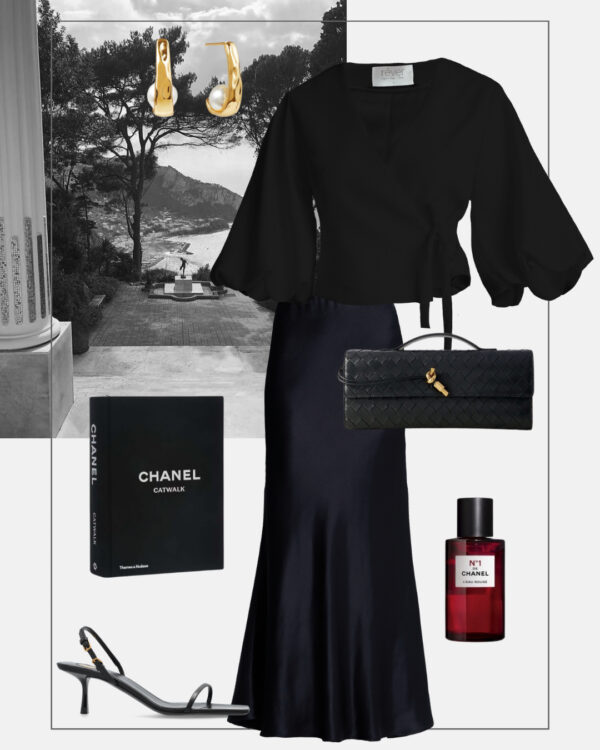 stylizacja wieczorowa satynowa dluga spodnica czarna bluzka