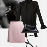 wieczorowa stylizacja mini spodniczka pastelowy roz czarna bluzka sandalki na szpilce