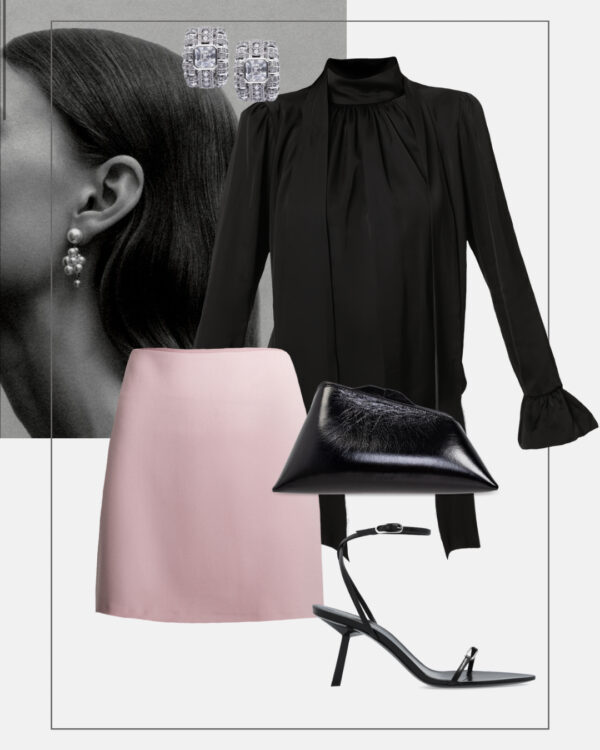 wieczorowa stylizacja mini spodniczka pastelowy roz czarna bluzka sandalki na szpilce