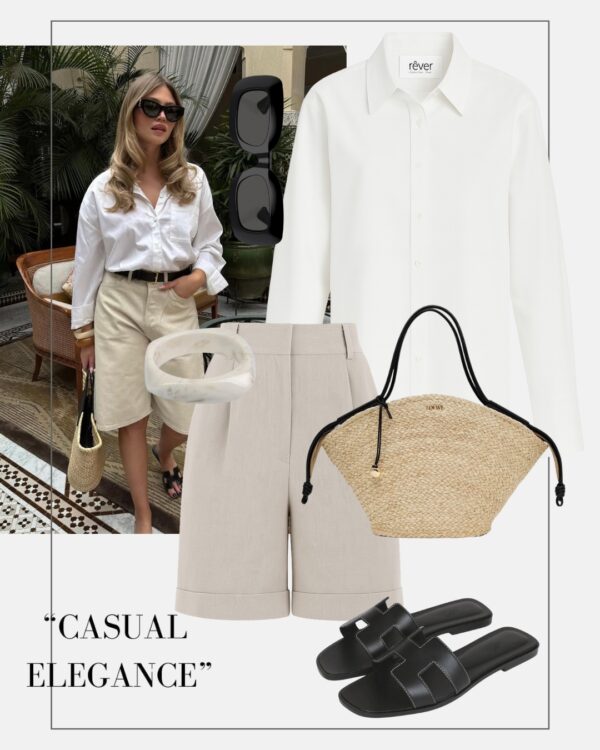 jak nosic biala koszule letnia stylizacja szorty bermudy klapki koszyk