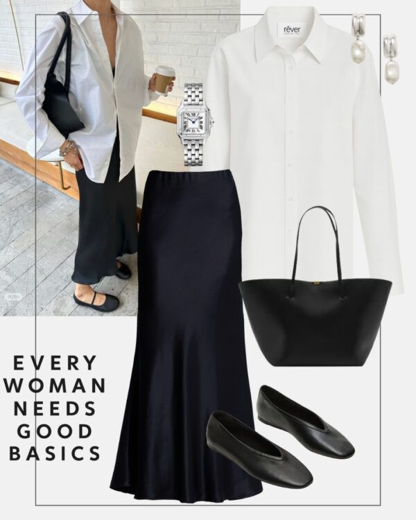 jak stylizowac biala koszule dluga spodnica satynowa baletki minimalizm szafa kapsulowa