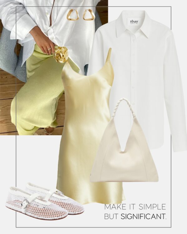 letnia stylizacja mini sukienka maselkowy zolty butter yellow biala koszula