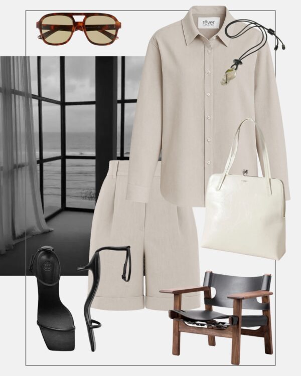 letnia stylizacja styl safari szorty bermudy koszula lniana bezowa