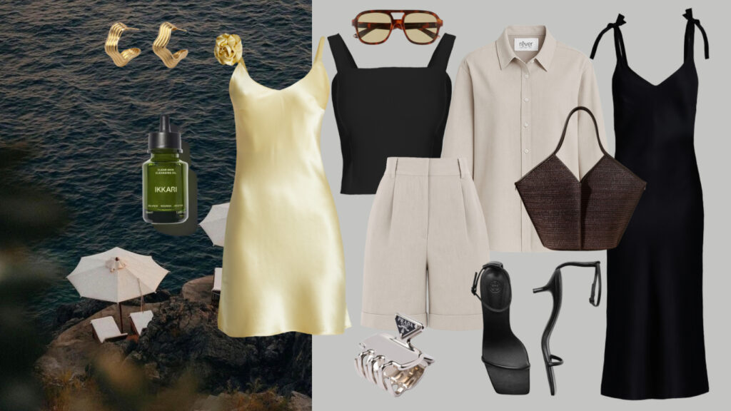 letnie stylizacje na wakacje czarna sukienka styl safari bermudy koszula mini sukienka pastelowy zolty