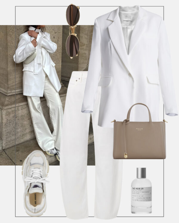 stylizacja na co dzien smart casual biale szerokie dzinsy biala marynarka oversize sneakersy