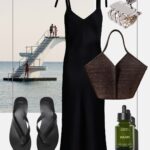 stylizacja na wakacje czarna sukienka na ramiaczkach japonki koszyk