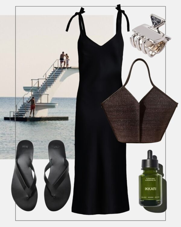 stylizacja na wakacje czarna sukienka na ramiaczkach japonki koszyk