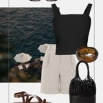 stylizacja wakacyjna letnia szorty lniane bermudy bezowe czarny top torebka koszyk