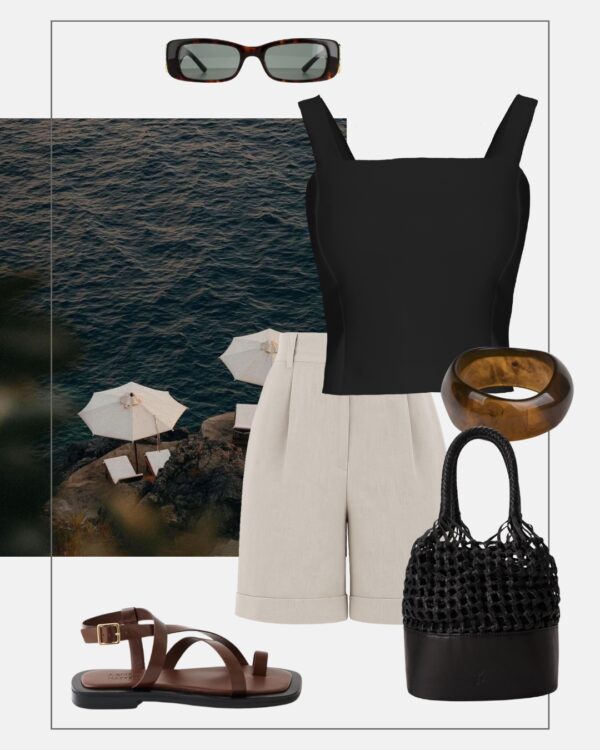 stylizacja wakacyjna letnia szorty lniane bermudy bezowe czarny top torebka koszyk