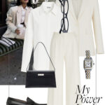 stylizacja do biura garnitur damski biala koszula mokasyny power dressing